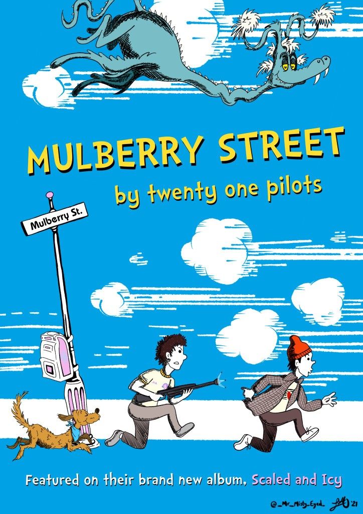 the book cover for mulberry street by twenty one pilots, featuring two men running