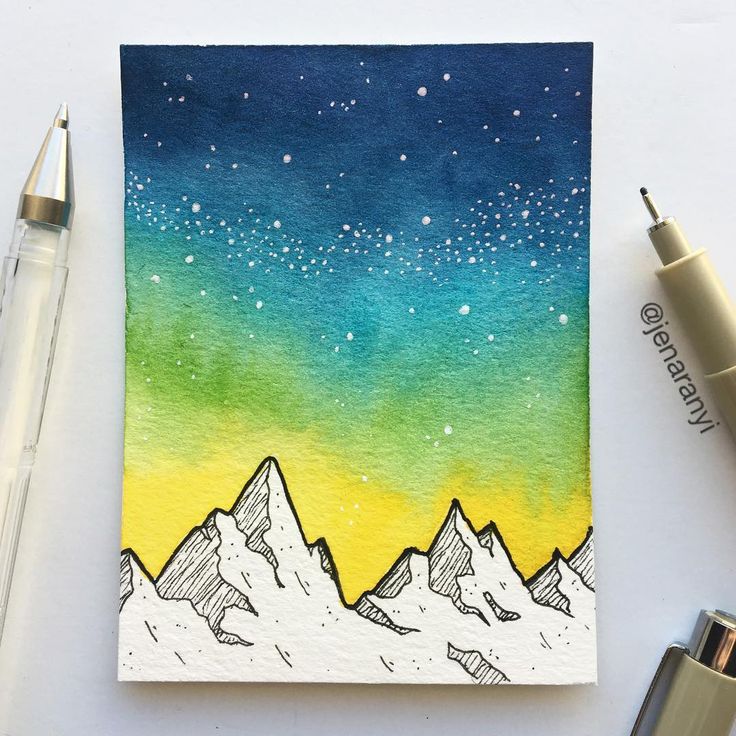 a watercolor painting of mountains and stars in the night sky with pen and ink