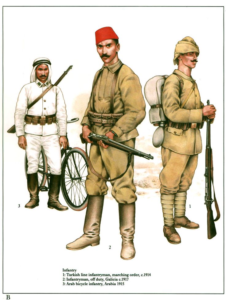 Ottoman Infantry:  1: Turkish line infantryman, marching order, c.1914;  2: Infantryman, off duty, Galicia c.1917;  3: Arab bicycle infantry, Arabia 1915 Ww1 Uniforms, History Humour, Ww1 Soldiers, Central Powers, Japan History, Ww 1, Army Uniform, The Gothic, Military Uniforms