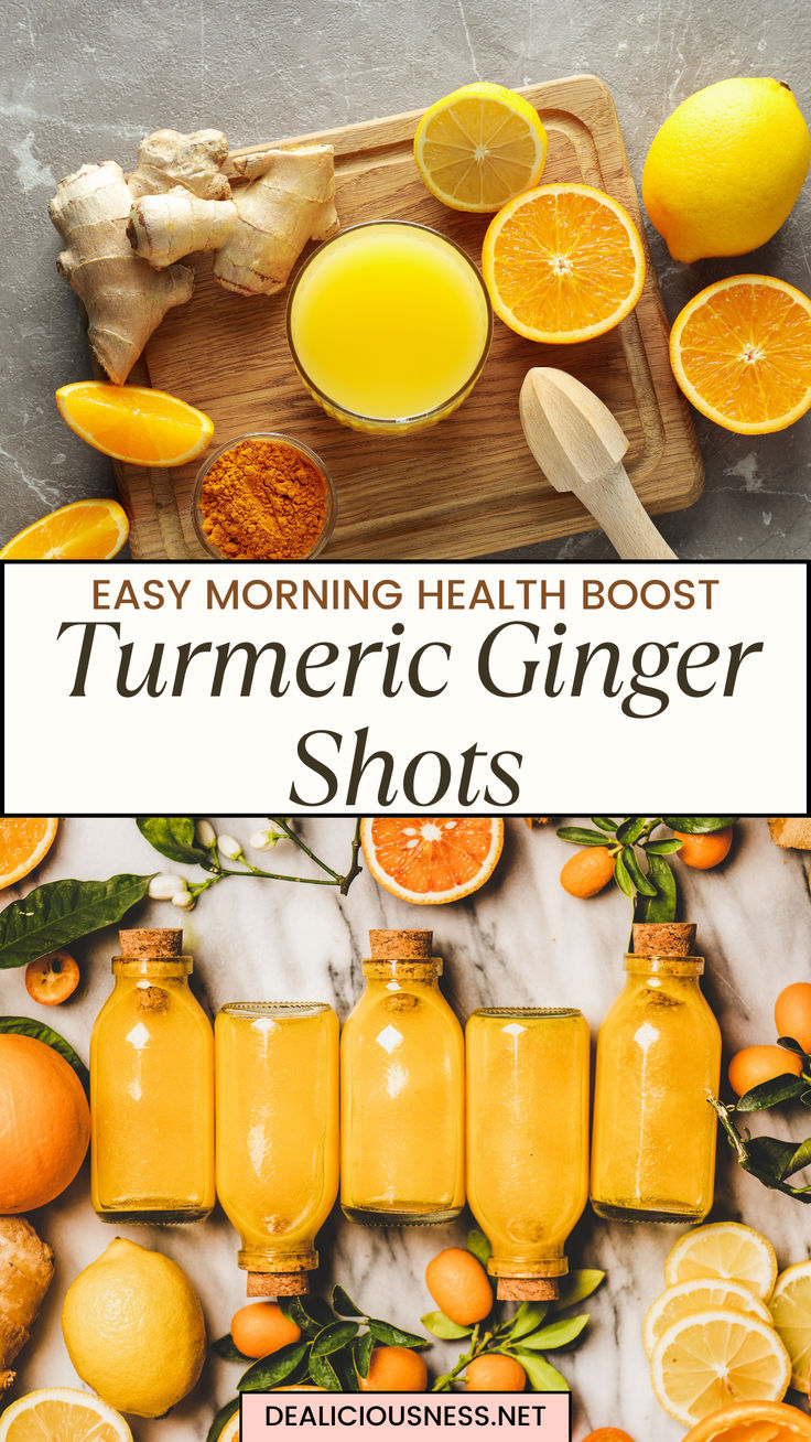 oranges and ginger shots with the words easy morning health boot turment ginger shots