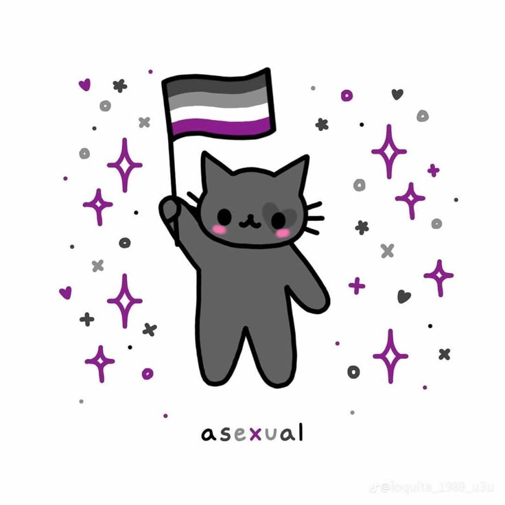 a cat holding a flag with the word asexual on it's chest