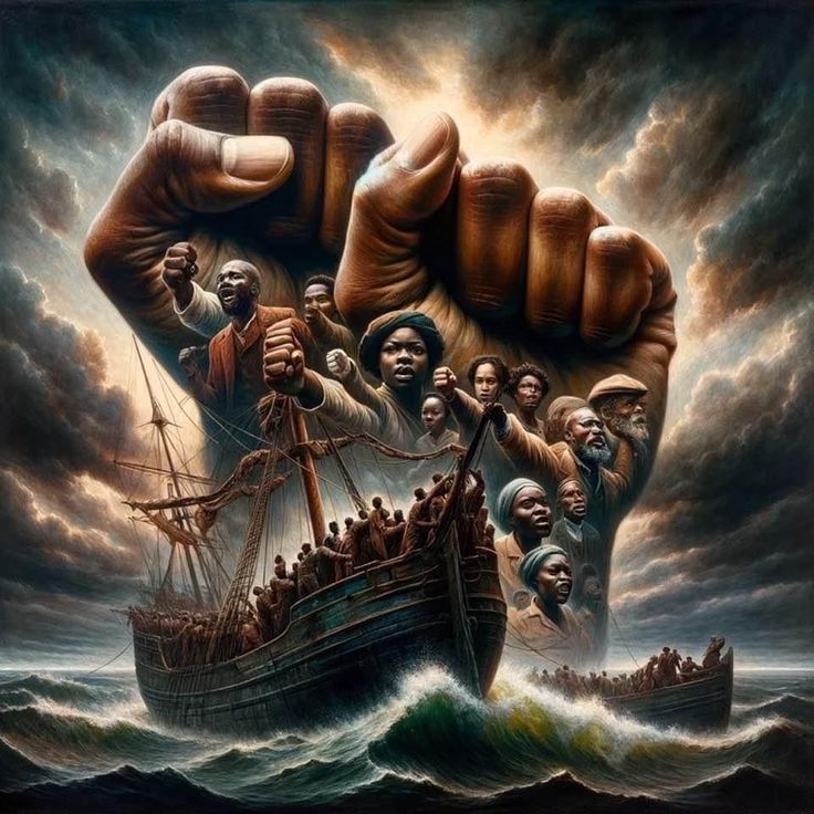 a painting of a hand holding up a ship with many people on it in the water