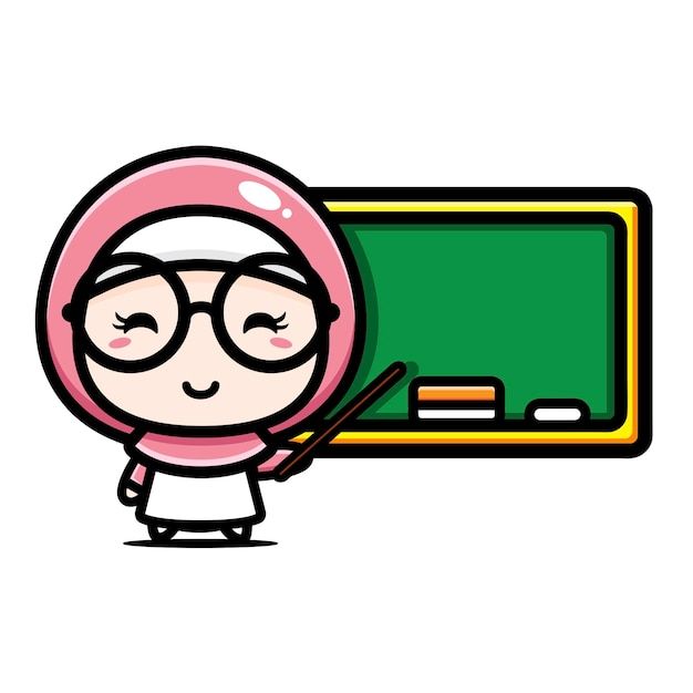 a cartoon character with glasses and a pink head covering, standing in front of a blackboard