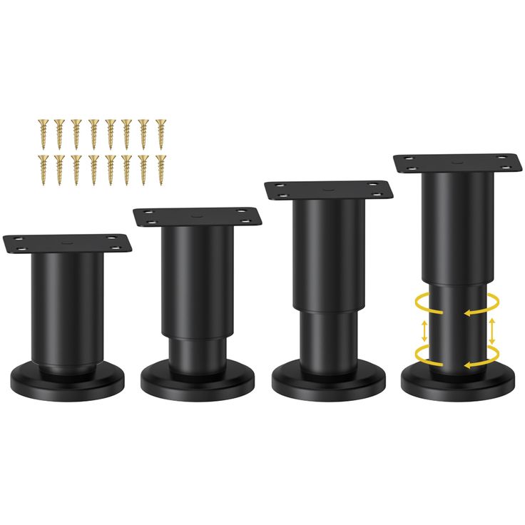 three black pedestals with screws on each side and two yellow posts in the middle