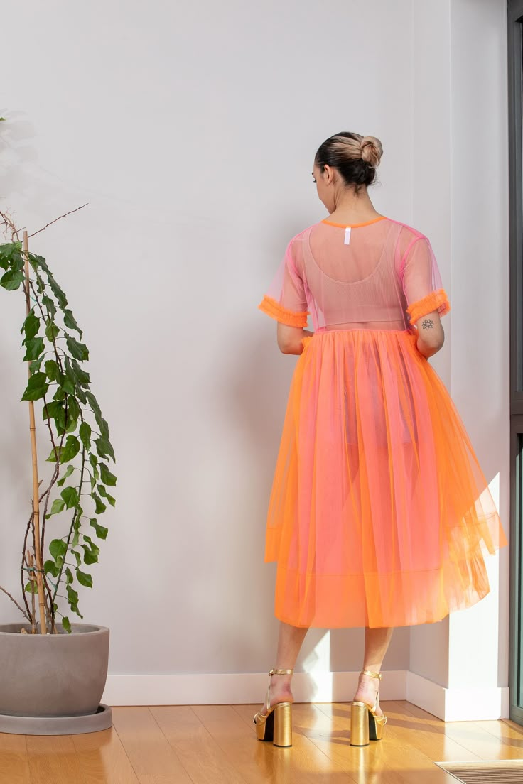 Bright Tulle Dress, Pink Sheer Dress For Daywear, Pink Sheer Daywear Dresses, Summer Sheer Pink Midi Dress, Orange Tulle Dress, Spring Pink Tulle Mini Dress, Brave Girl, Maid Of Honour Dresses, Mid Calf Dresses