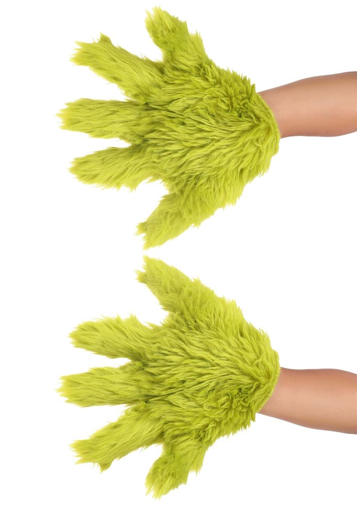 two hands with green furry gloves on them