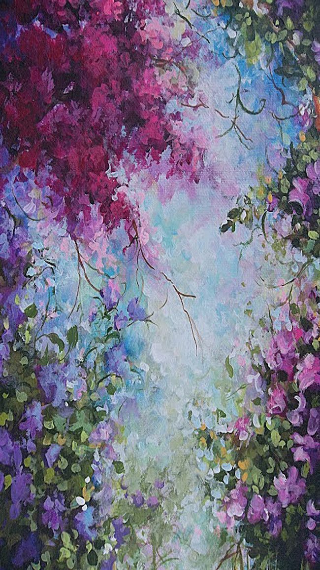 an oil painting of purple flowers and trees