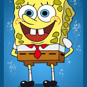 spongebob is wearing a red tie and standing in front of a blue background