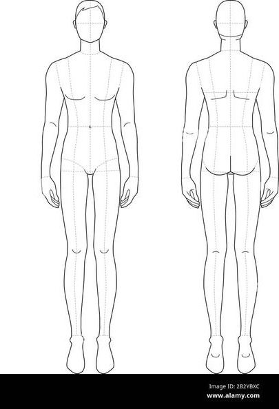 the front and back view of a man's body, with his legs spread out