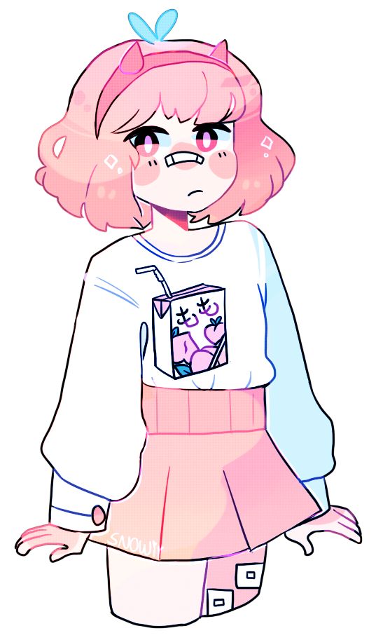 a drawing of a girl with pink hair wearing a white shirt and pink skirt, standing in