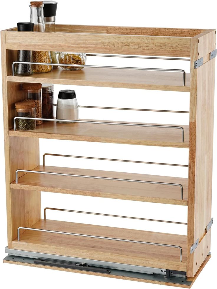 a wooden shelf filled with spices and condiments