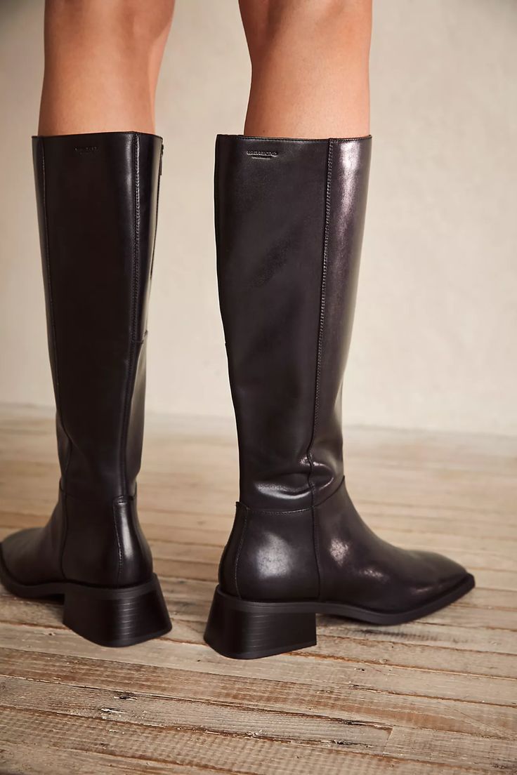 Vagabond Blanca Tall Boots | Free People Vagabond Boots Outfit, Square Toe Leather Boots, Vagabond Boots, Vagabond Shoes, Black Knee High Boots, Black Boots Tall, Tall Leather Boots, Knee High Leather Boots, Classic Boots