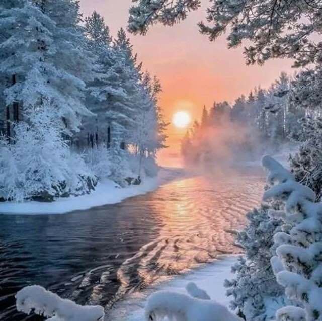 a river surrounded by snow covered trees with the sun setting in the distance behind it