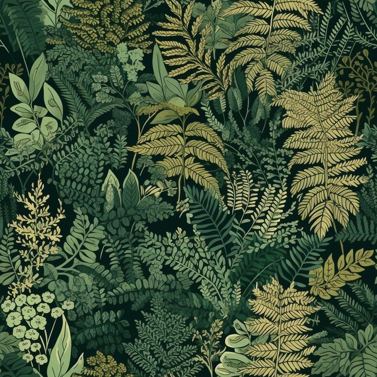 a green and yellow wallpaper with lots of leaves on it's sides, including ferns