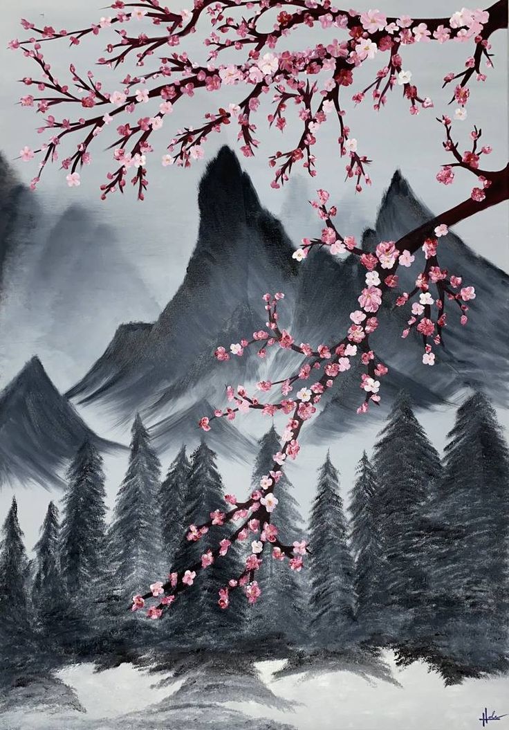 a painting of mountains and trees with pink flowers in the foreground, on a white background