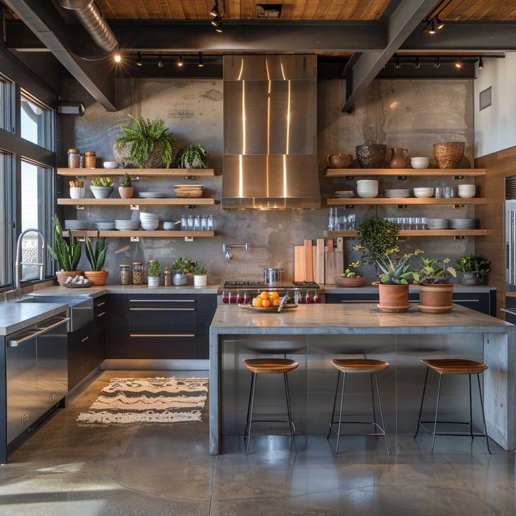 a kitchen with lots of shelves and plants on the counter top, along with two stools