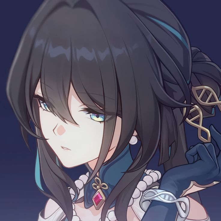 an anime character with long black hair and blue eyes, holding her hand on her shoulder