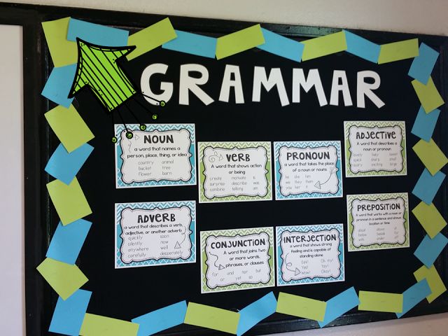 a black board with yellow and blue sticky notes on it that says,'grammar '