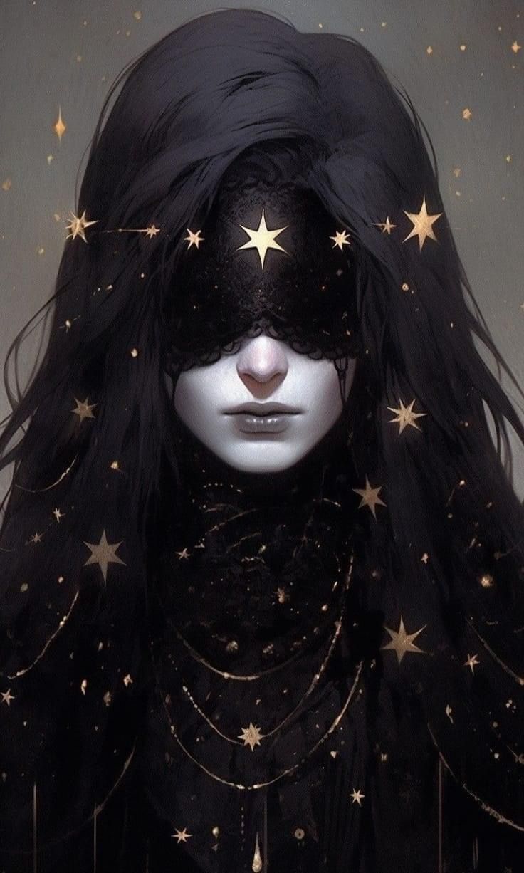 a woman with black and white face paint, stars on her face is wearing a mask