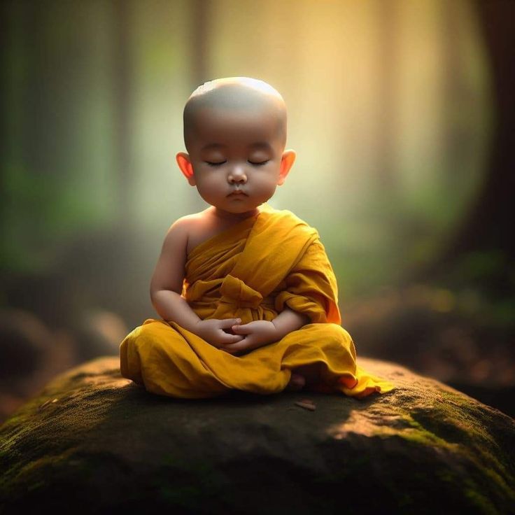 a little monk sitting on top of a rock