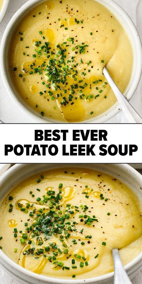 two bowls filled with potato leek soup and topped with parsley sprinkles