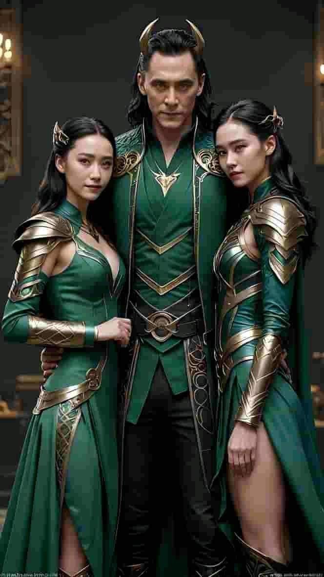 two women and a man dressed in green costumes standing next to each other with their arms around one another