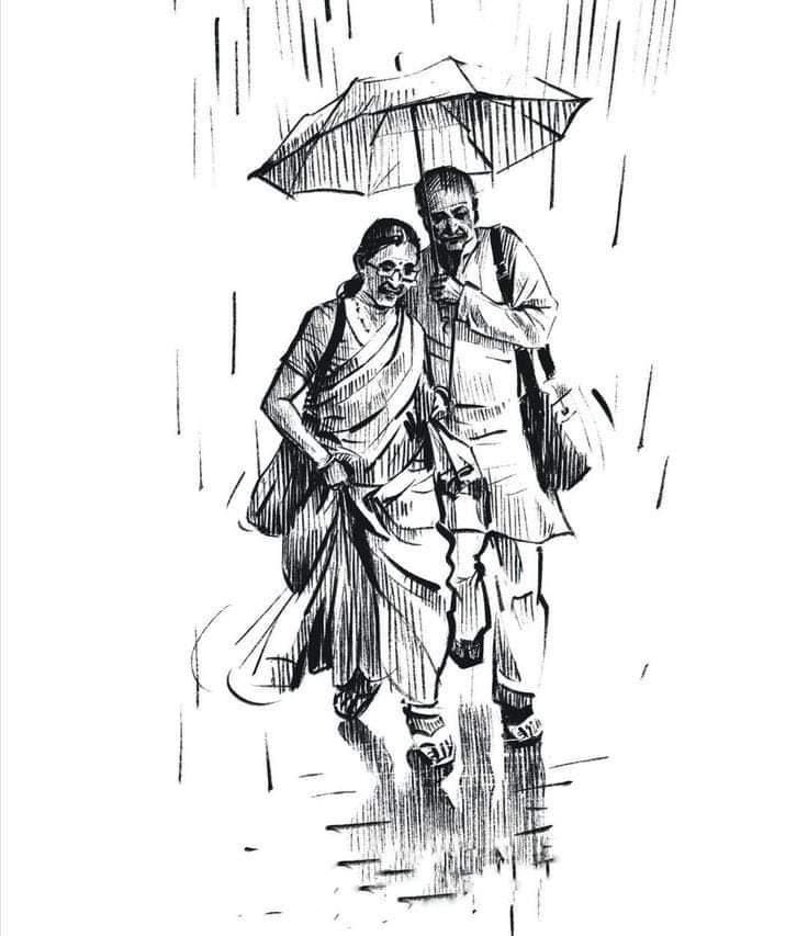 a man and woman walking in the rain under an umbrella, vintage line drawing or engraving illustration