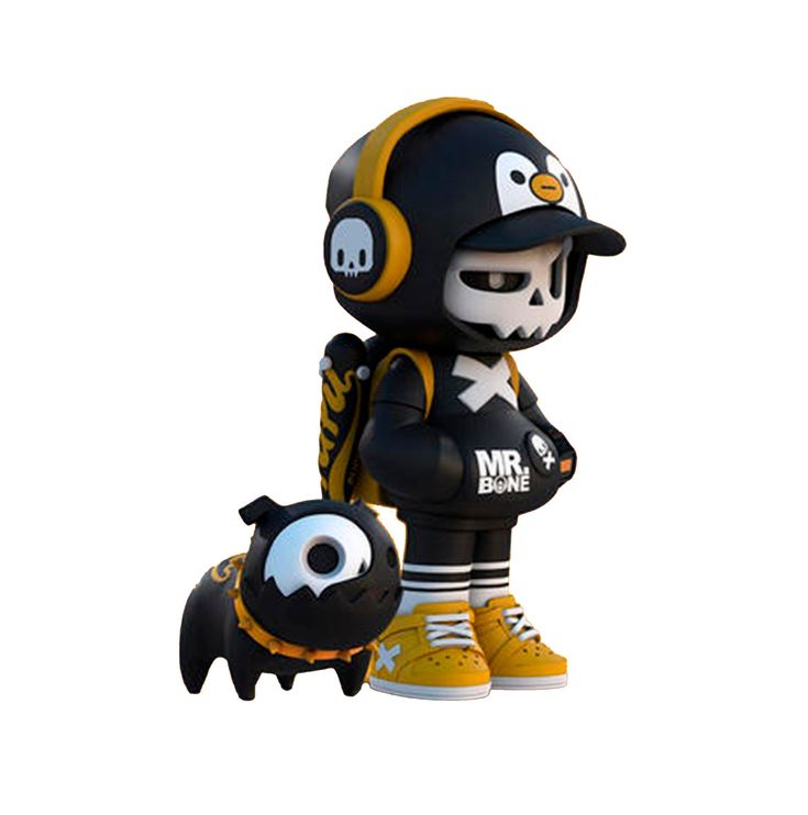 a black and yellow figurine with headphones on it's face next to a small dog