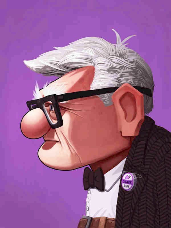 an older man with glasses and a suit on is looking off to the side in front of a purple background