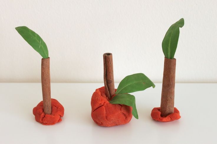 three apples with sticks sticking out of them on a white surface, one has green leaves and the other is red