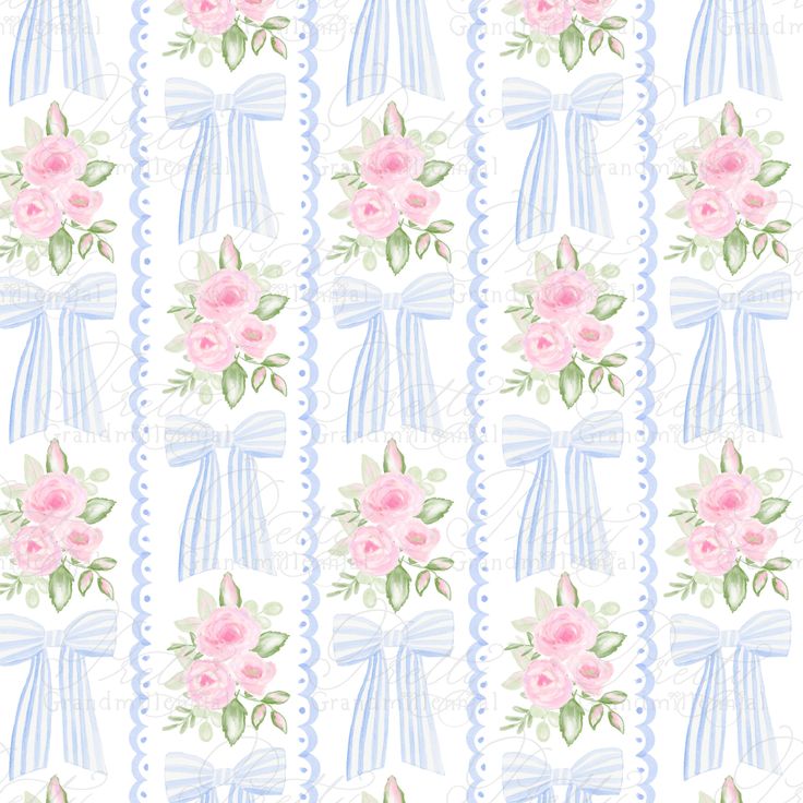 pink roses on blue and white striped background with laces, ribbons and bows in the center