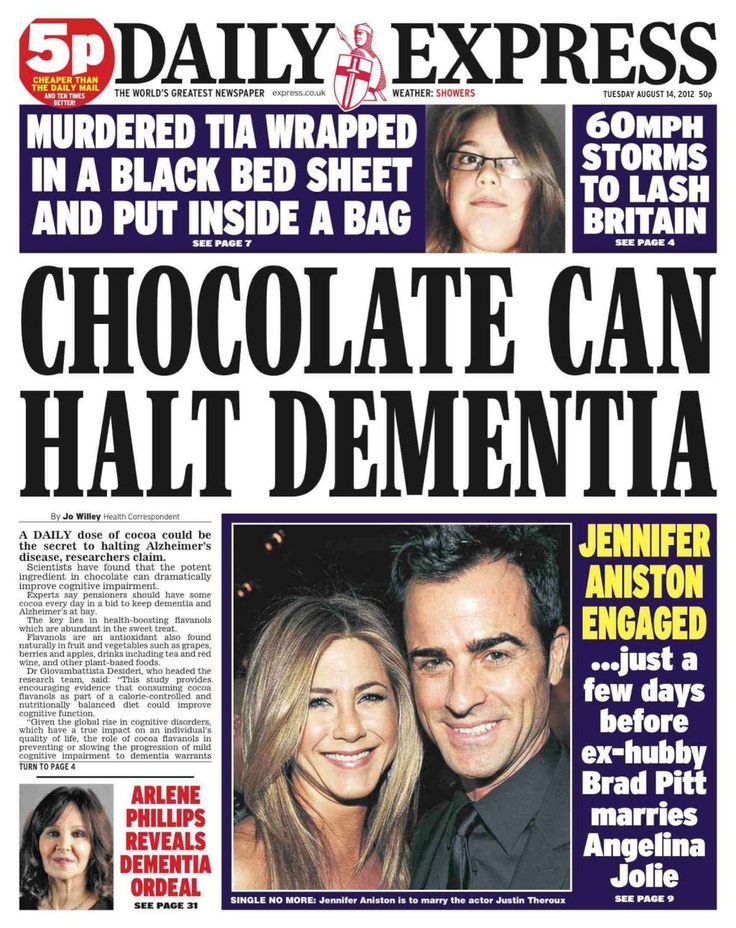 the daily express front page with an article about chocolate can halt dementa and two people