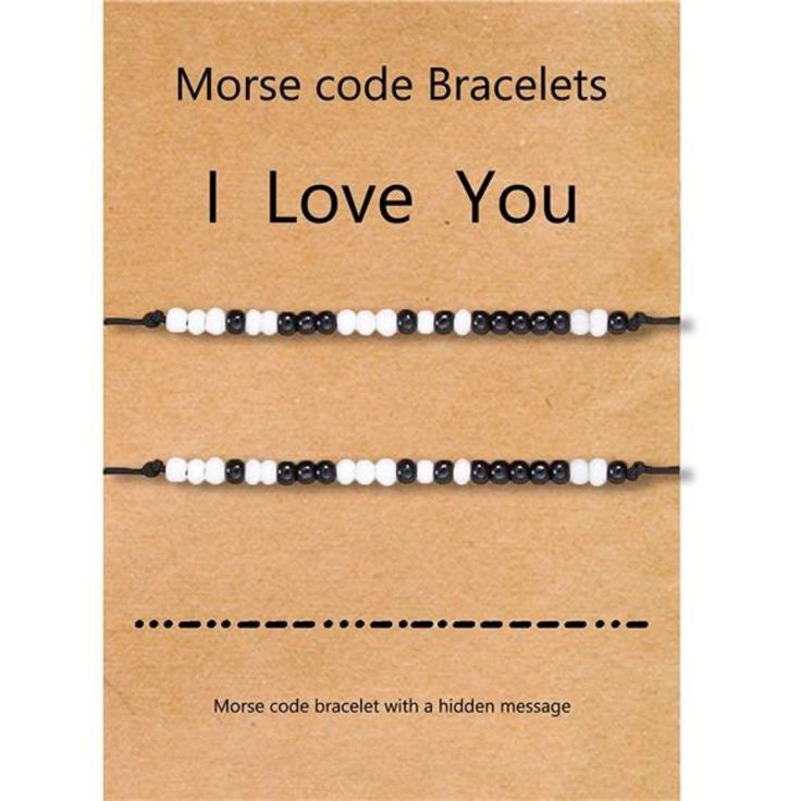 two black and white bracelets with the words morse code bracelets i love you