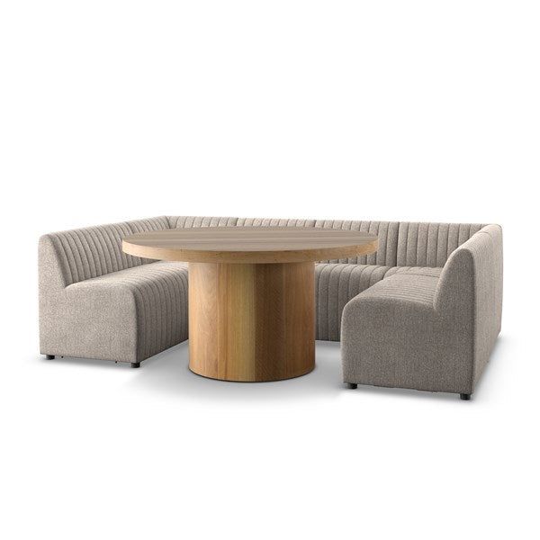 a round table surrounded by two chairs and a couch in front of it on an isolated white background