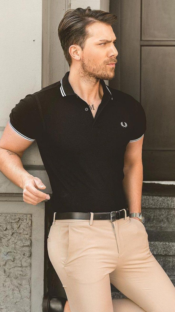 Men fashion casual #Menfashioncasual Mens Polo Outfit, Black Polo Outfit, Chinos Men Outfit, Polo Outfit Men, Polo Shirt Outfit Men, Polo Shirt Outfits, Polo Outfit, Shirt Outfit Men, Black Polo Shirt