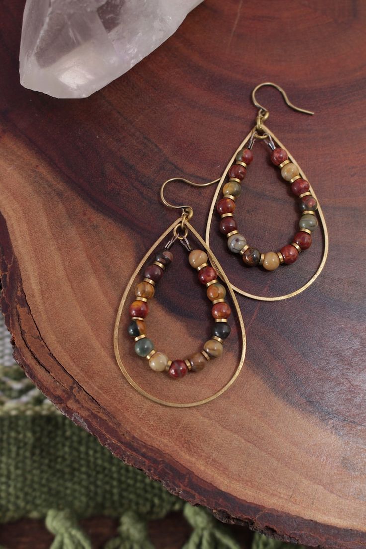 Willa Earrings picasso Jasper Gemstone Boho Earrings, Brass Teardrop Earrings, Fall Jewelry, Gifts for Her, Dangle Earrings, Handmade - Etsy