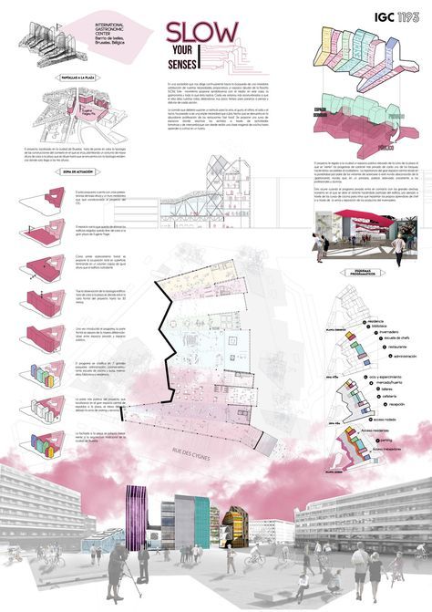 an architectural diagram shows how the building would look like in pink and white, as well as