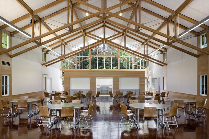 an empty room with tables and chairs in it