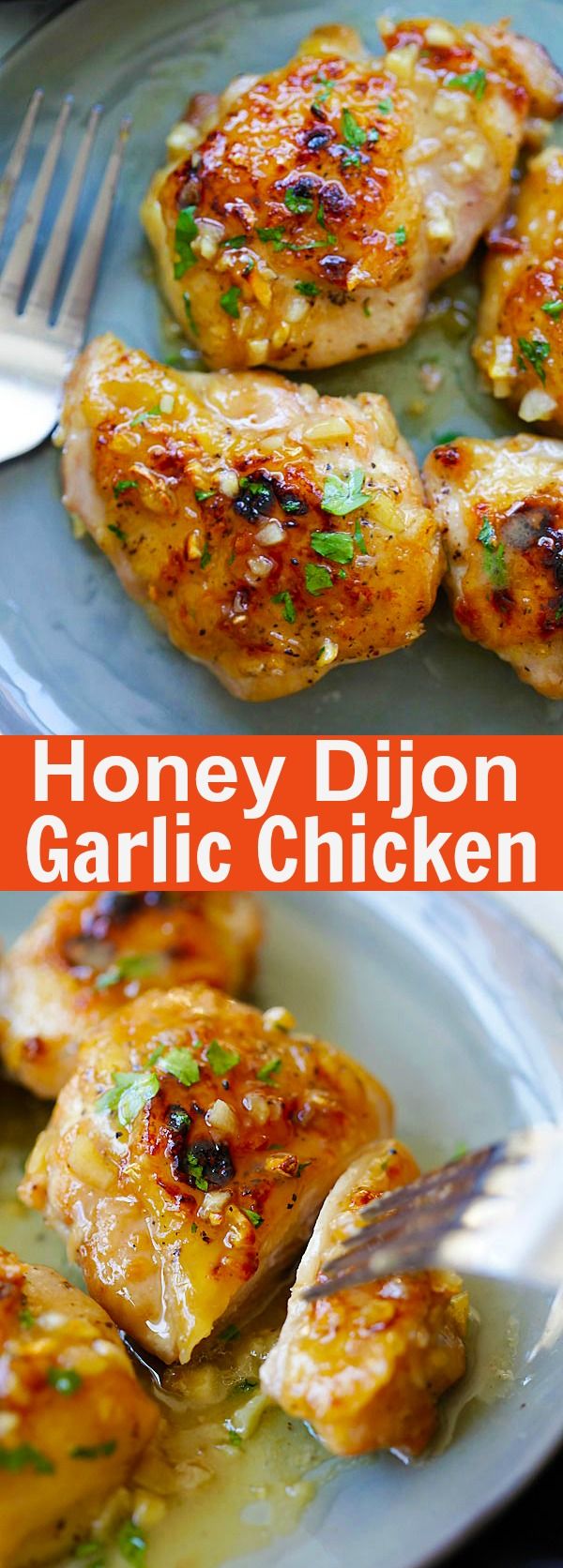 honey dijon garlic chicken on a plate with a fork