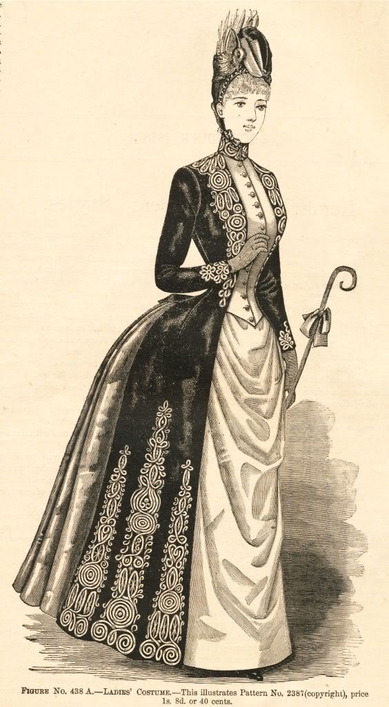 an old fashion illustration of a woman wearing a dress and hat with a cane in her hand