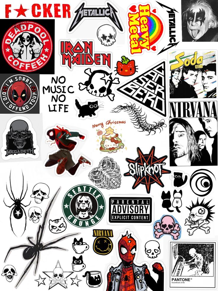 various stickers and decals are shown in this graphic art work, including the logo for