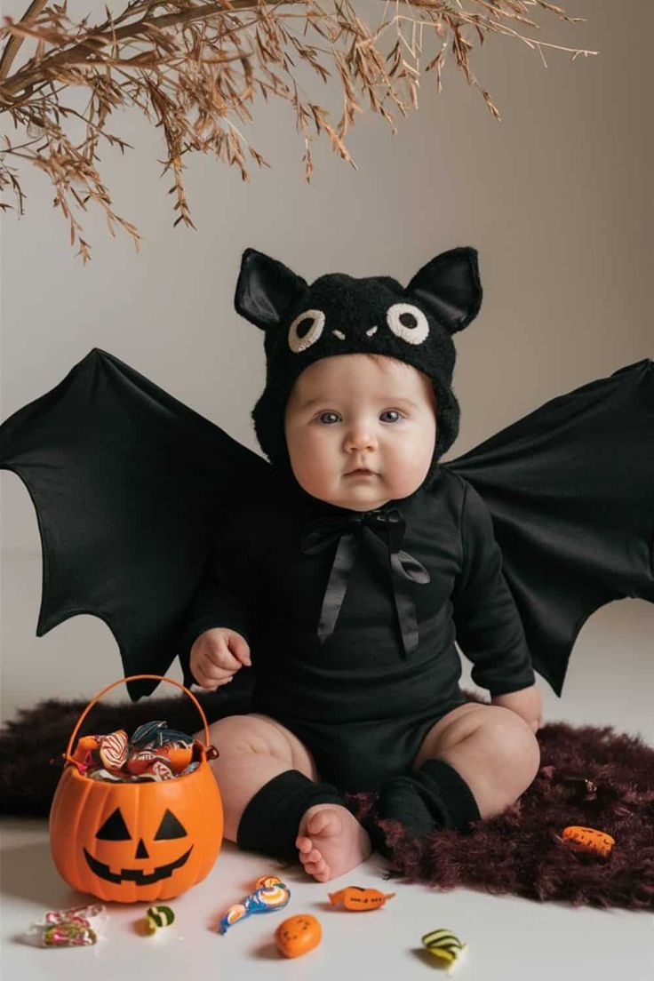 A baby dressed in an adorable bat costume, lying on a flat surface. The baby is wearing a black outfit with bat wings spread out, and a matching black hat with cute eyes and small ears. Baby Bat Photoshoot, Bat Baby Costume, Diy Baby Bat Costume, Easy Diy Baby Halloween Costumes, Diy Halloween Baby Photoshoot, Diy Bat Costume Kids, Fantasia Halloween Bebe, Bat Costume Diy, Cute Bat Costume