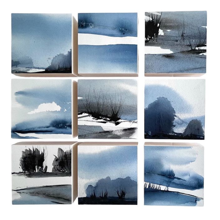 six watercolor paintings with trees and clouds in the background, all on separate squares