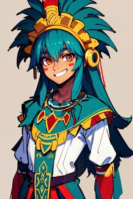 an anime character with blue hair and green eyes wearing a costume that has feathers on it