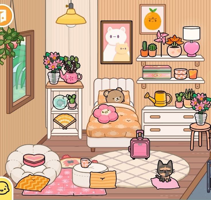 a cartoon bedroom is shown with flowers and other items on the floor, including a teddy bear