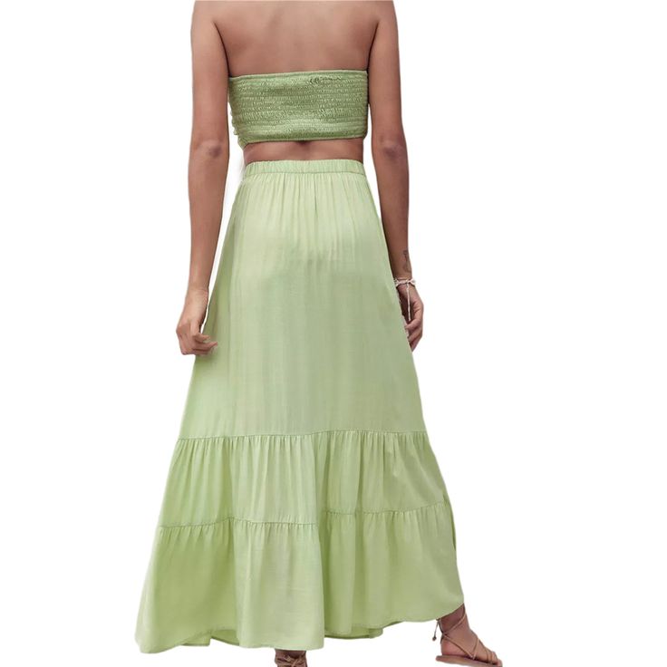 Grass Green Ruffle Hem Beachwear Maxi Skirt Summer Maxi Skirt With Elastic Waistband For Day Out, Spring Vacation Maxi Skirt With Elastic Waistband, Summer Day Out Maxi Skirt With Elastic Waistband, Casual Green Skirt For Beach Season, Ruffled Maxi Skirt For Beach In Spring, Spring Beach Maxi Skirt With Lining, Spring Ruffled Maxi Skirt For Beach, Ruffled Skirt For Beach Season Day Out, Summer Vacation Maxi Skirt With Elastic Waistband