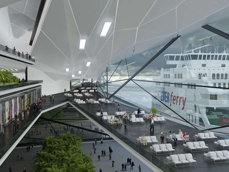 an artist's rendering of the interior of a terminal with lounge chairs and people walking around