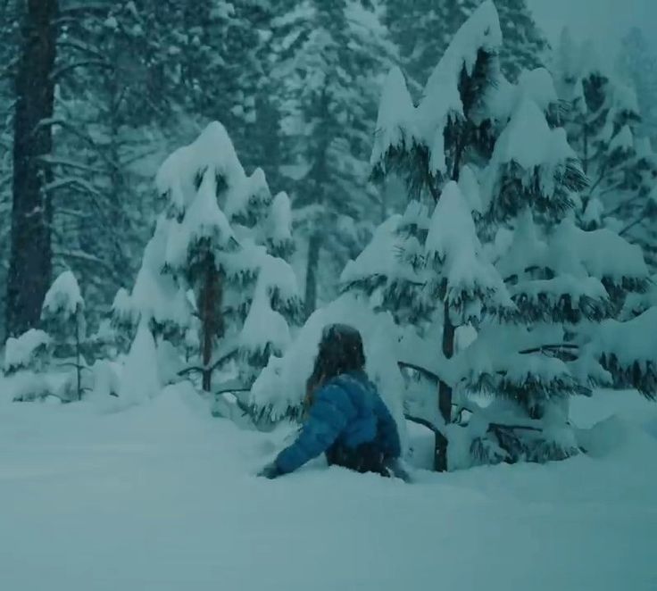 a person sitting in the snow near some trees