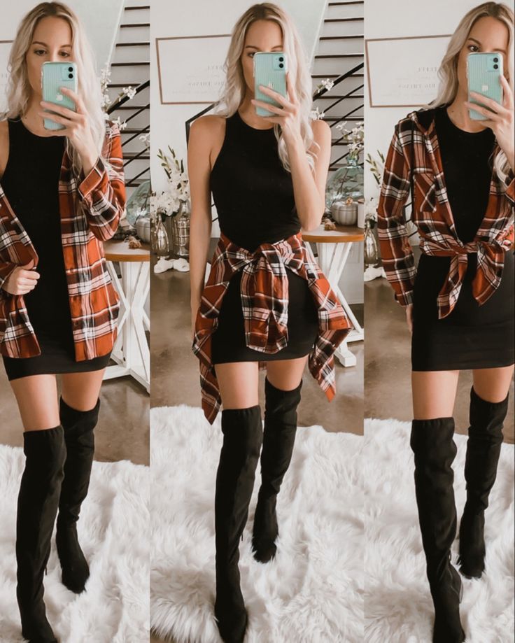 Flannel And Heels Outfit, Outfits Over The Knee Boots, Nice Outfits For Cold Weather, Womens Outfits With Flannels, Professional Flannel Outfits, Black Dress Plaid Shirt, Fall Outfits With Over The Knee Boots, Plaid Shirt With Dress Outfit, Dressed Up Flannel Outfits