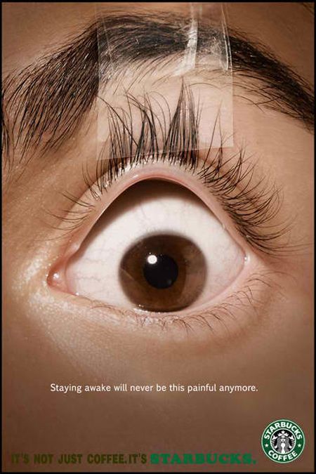 an advertisement for starbucks coffee featuring the eye of a person with long lashes and brown eyes